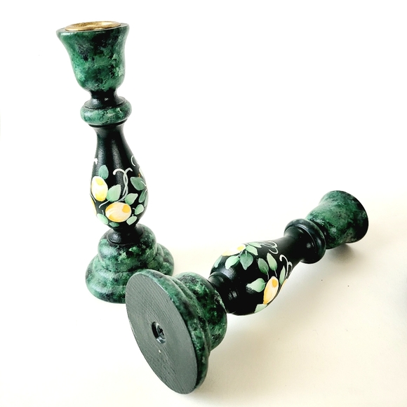 Pair of Vintage Painted Rustic Green Wood Candlestick holders 7" height - Picture 3 of 5